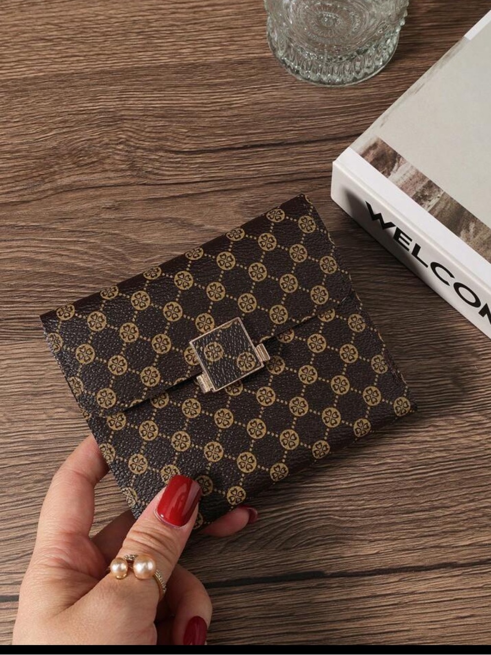 Brown Patterned Compact Wallet with Gold-Tone Buckle